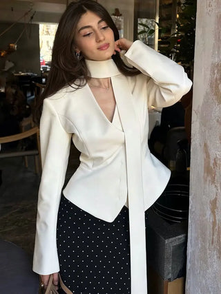 Black Pinstripe Tailored Blazer Top and Mini Skirt Set