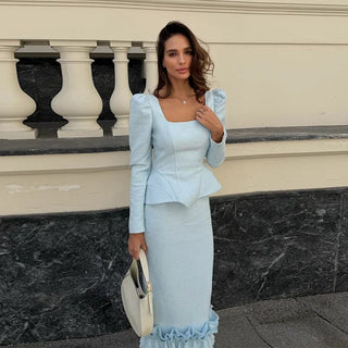 Square Neck Peplum Top and Wide Leg Trouser Set