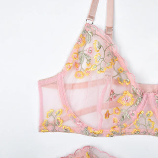 Unlined Embroidered Mesh Lingerie Set