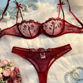 Delicate Floral Embroidered Mesh Balconette Lingerie Set