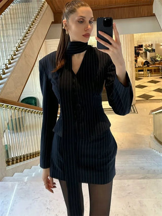 Black Pinstripe Tailored Blazer Top and Mini Skirt Set