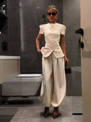 Puff Sleeve Peplum Top and Gathered Trouser Set