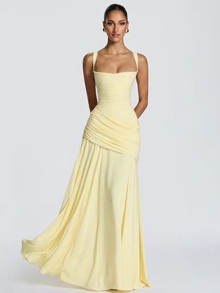 Elegant Square Neck Asymmetrical Ruched Evening Gown