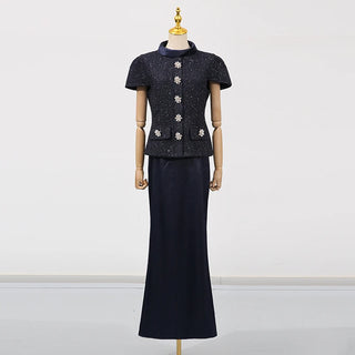 Textured Tweed Peplum Top and Satin Maxi Skirt Set