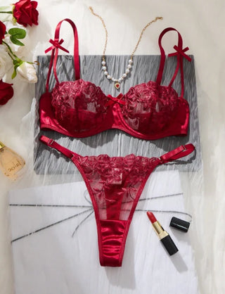 Floral Embroidered Mesh and Satin Lingerie Set