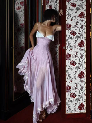 Elegant Contrast Trim Sheer Overlay Midi Dress