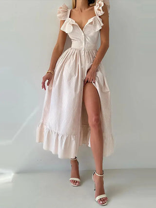 Striped Flounce Halter A-Line Dress