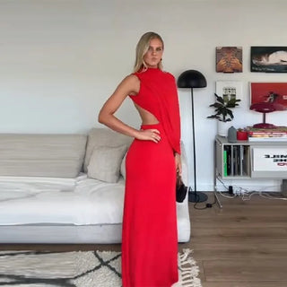 Elegant Red Asymmetrical Cape Maxi Dress