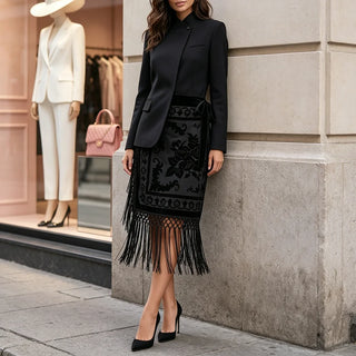 Asymmetric Blazer and Burnout Floral Fringe Skirt Set
