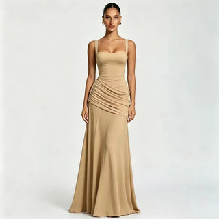 Elegant Square Neck Asymmetrical Ruched Evening Gown