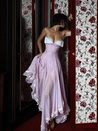 Elegant Contrast Trim Sheer Overlay Midi Dress