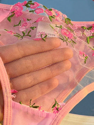 Delicate Floral Embroidered Mesh Balconette Lingerie Set