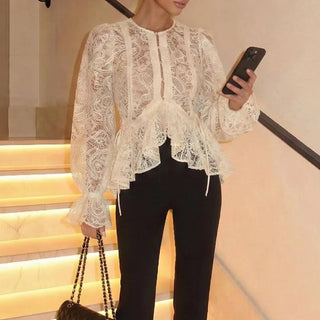 Sheer Floral Lace Puff Sleeve Peplum Blouse