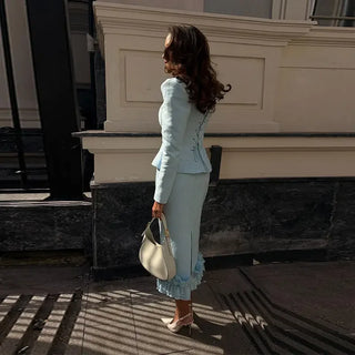 Square Neck Peplum Top and Wide Leg Trouser Set