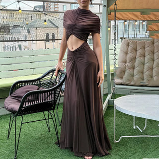 Ruched Cutout Mesh Maxi Dress