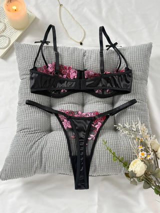 Floral Embroidered Mesh and Satin Lingerie Set