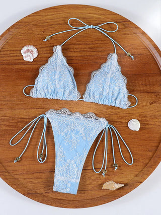 Contrast Lace Triangle String Bikini Set