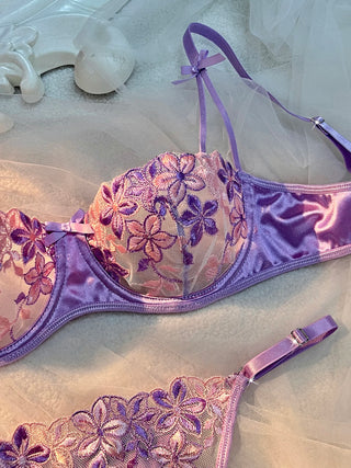 Floral Embroidered Mesh and Satin Lingerie Set