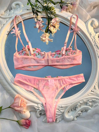Delicate Floral Embroidered Mesh Balconette Lingerie Set