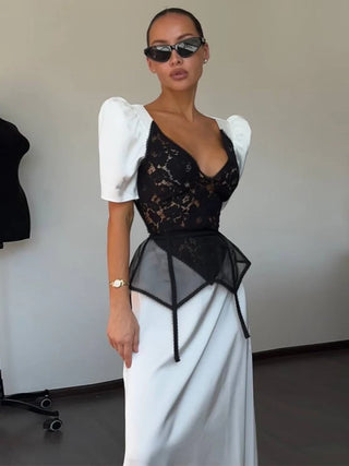 Elegant Puff Sleeve Black Lace Corset Maxi Dress