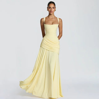 Elegant Square Neck Asymmetrical Ruched Evening Gown