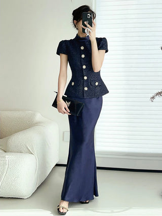 Textured Tweed Peplum Top and Satin Maxi Skirt Set