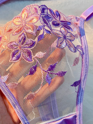 Floral Embroidered Mesh and Satin Lingerie Set