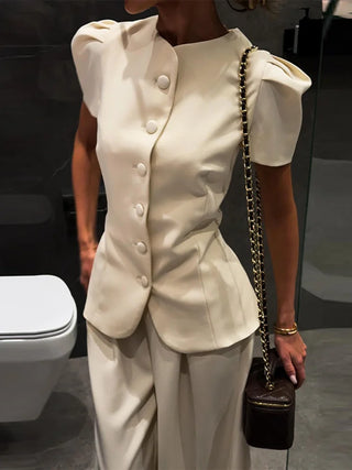 Puff Sleeve Peplum Top and Gathered Trouser Set