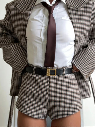 Houndstooth Belted Blazer and Tailored Shorts Set