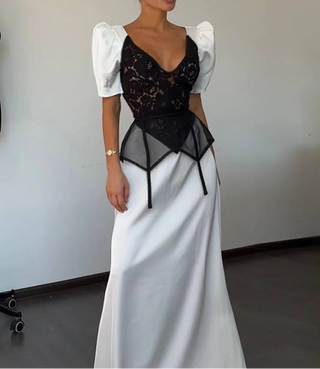 Elegant Puff Sleeve Black Lace Corset Maxi Dress