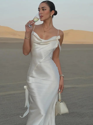 Elegant Satin Cowl Neck Backless Dress