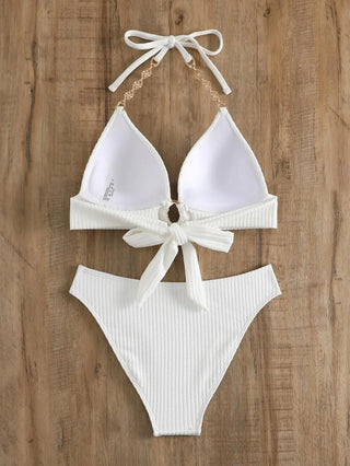 Chain Linked Cut Out Halter Bikini Sexy White Swimwear Beachwear