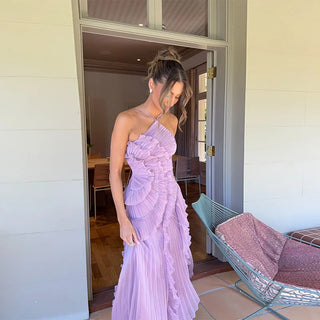 Pleated Halter Cascading Ruffle Maxi Dress