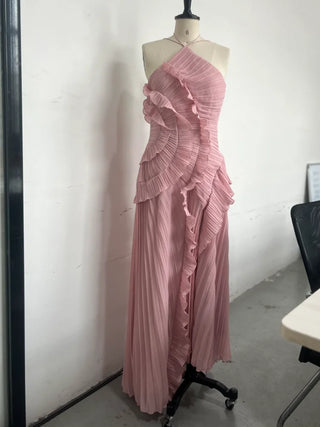 Pleated Halter Cascading Ruffle Maxi Dress