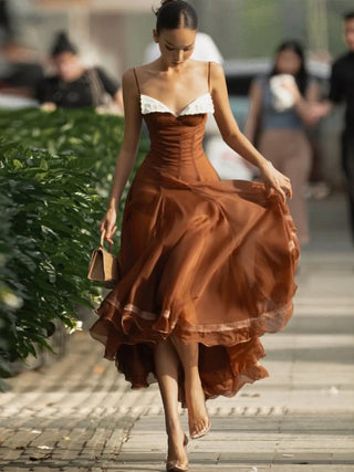 Elegant Contrast Trim Sheer Overlay Midi Dress