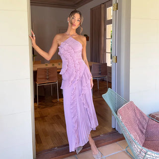Pleated Halter Cascading Ruffle Maxi Dress