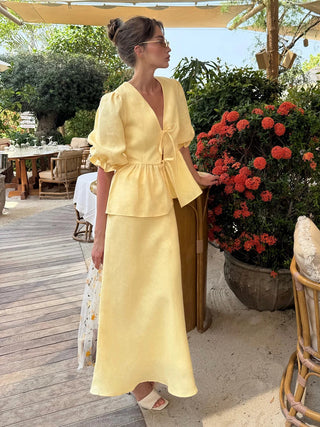 Chic Pastel Puff Sleeve Peplum Two-Piece Set