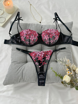 Floral Embroidered Mesh and Satin Lingerie Set