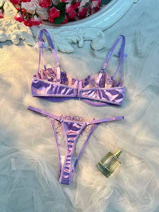 Floral Embroidered Mesh and Satin Lingerie Set