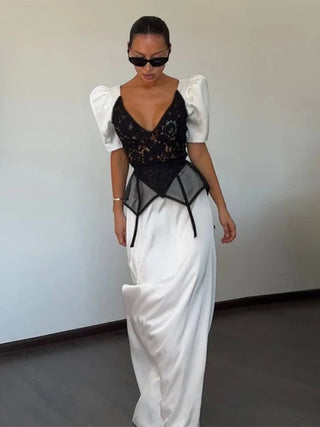 Elegant Puff Sleeve Black Lace Corset Maxi Dress