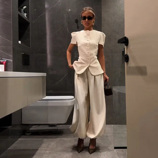 Puff Sleeve Peplum Top and Gathered Trouser Set