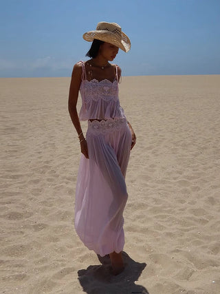 Lace Trim Two-Piece Chiffon Jumpsuit Set