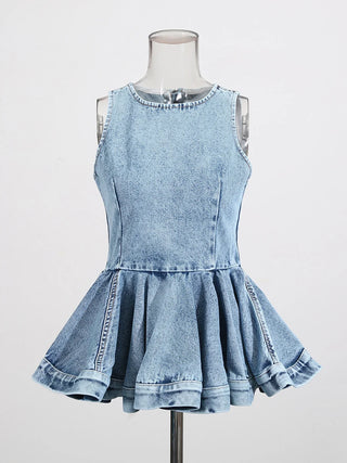 Y2K Inspired Denim Peplum Top and Wide Leg Jeans Set