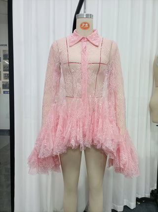 Sheer Lace Ruffle Button Down Tunic Mini Dress