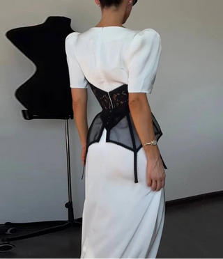 Elegant Puff Sleeve Black Lace Corset Maxi Dress