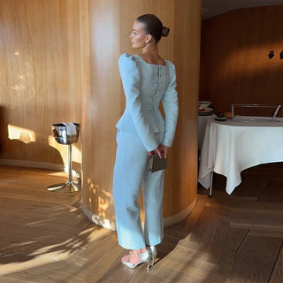 Square Neck Peplum Top and Wide Leg Trouser Set