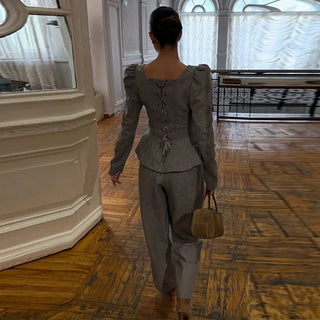 Square Neck Peplum Top and Wide Leg Trouser Set