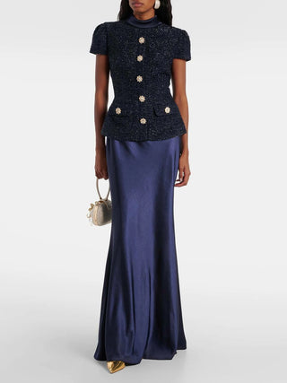 Textured Tweed Peplum Top and Satin Maxi Skirt Set