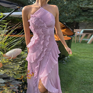 Pleated Halter Cascading Ruffle Maxi Dress