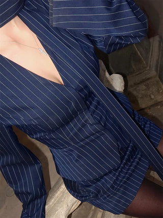 Black Pinstripe Tailored Blazer Top and Mini Skirt Set